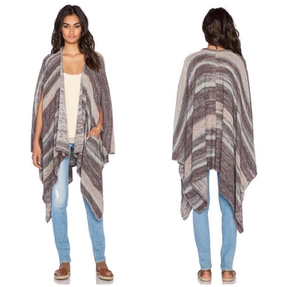 Free People Linen Blend Stripe Knit Cardigan Poncho Sweater Boho Flowy